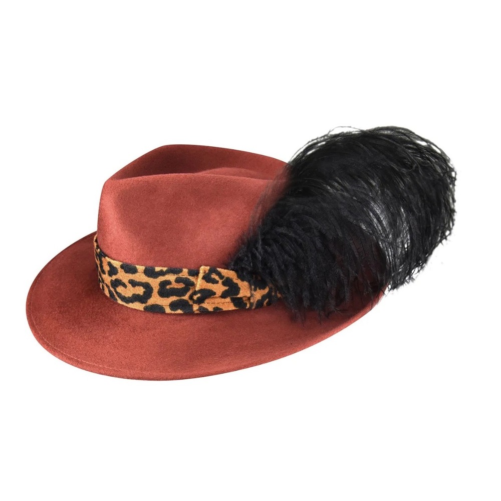 Bollman Hat Company Boogie 1970s Style Fedora Hat‎ Large Red Leopard Feather NWT